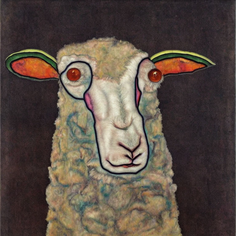 Surreal sheep painting with intense gaze and colorful oversized ears