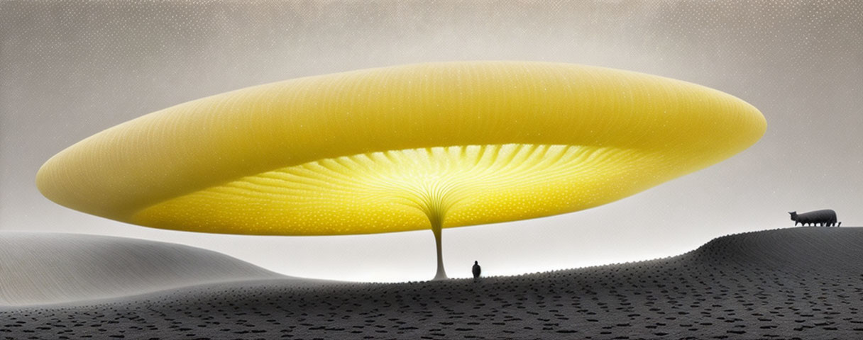 Yellow disc-shaped structure hovers over lone tree in dune landscape