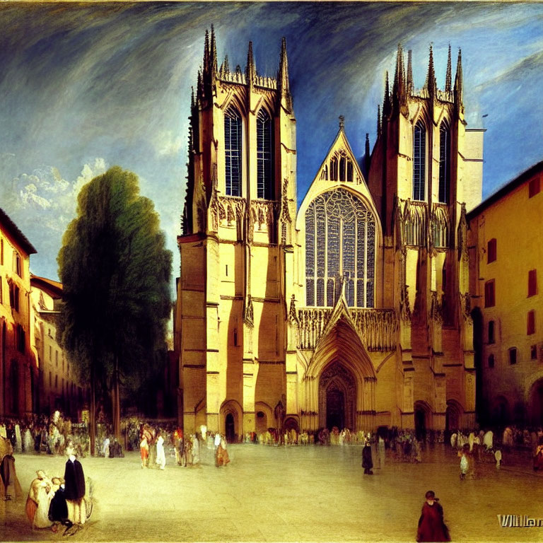 Gothic Cathedral Painting with Period-Clothed Figures and Dramatic Sky