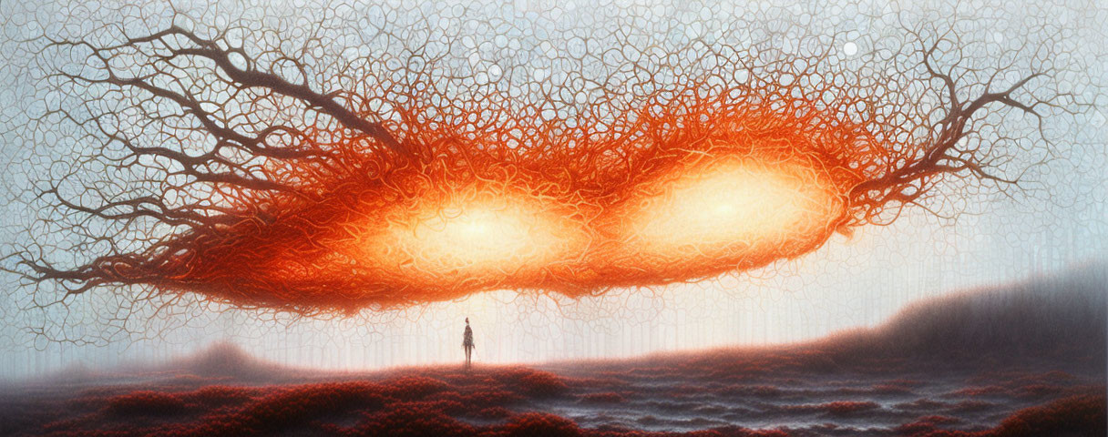 Surreal painting: person gazes at fiery tree entity above misty landscape