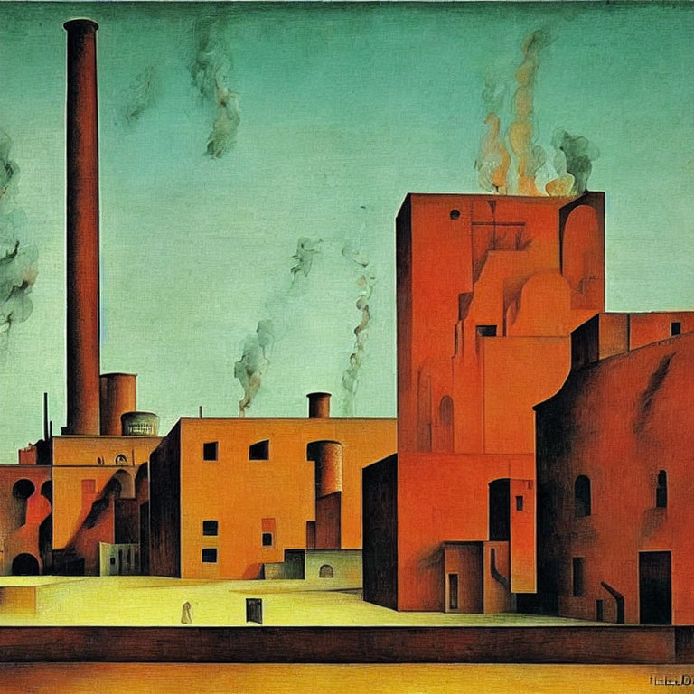 Industrial landscape painting with smokestacks, geometric buildings, smoke, and lone figure.