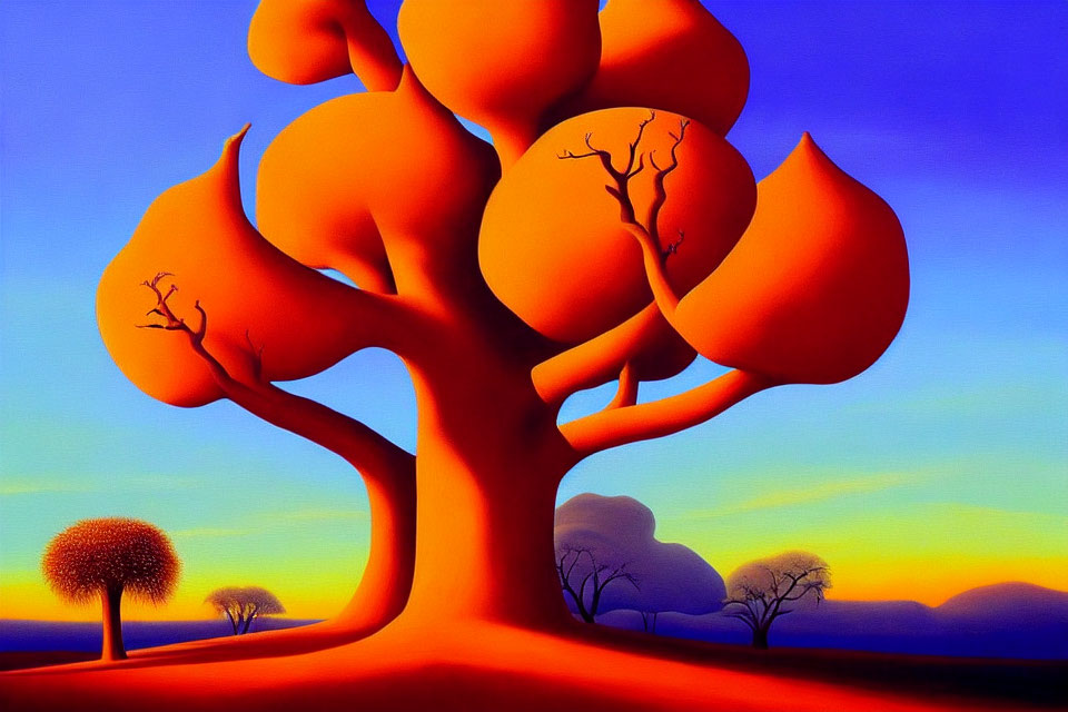 Surreal landscape with large orange tree under gradient sky