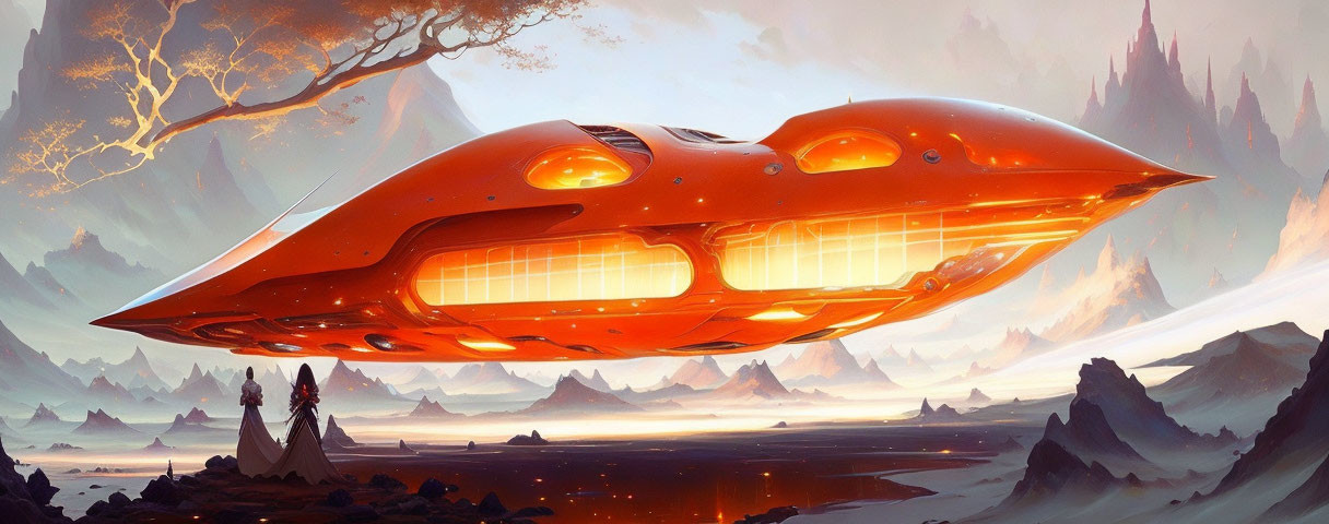 Futuristic orange spaceship over alien landscape with glowing tree