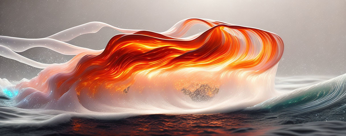 Abstract art: Vibrant flowing shape in fiery orange and red against cool, textured blue background