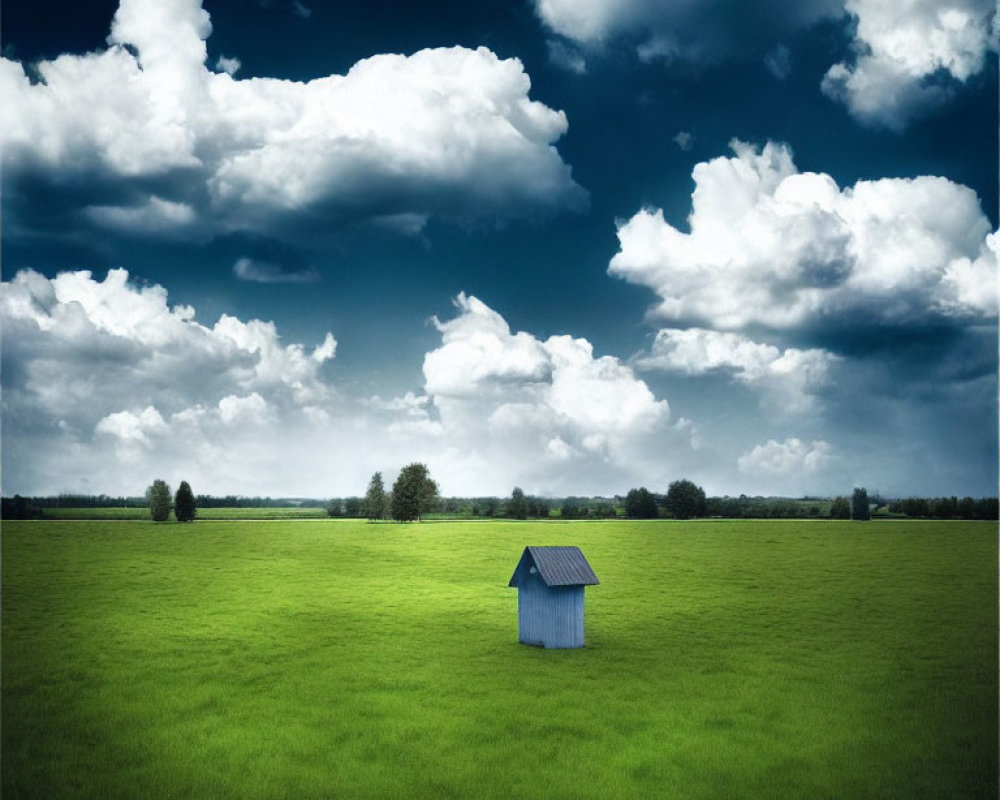 Blue hut in vibrant green field under dramatic sky