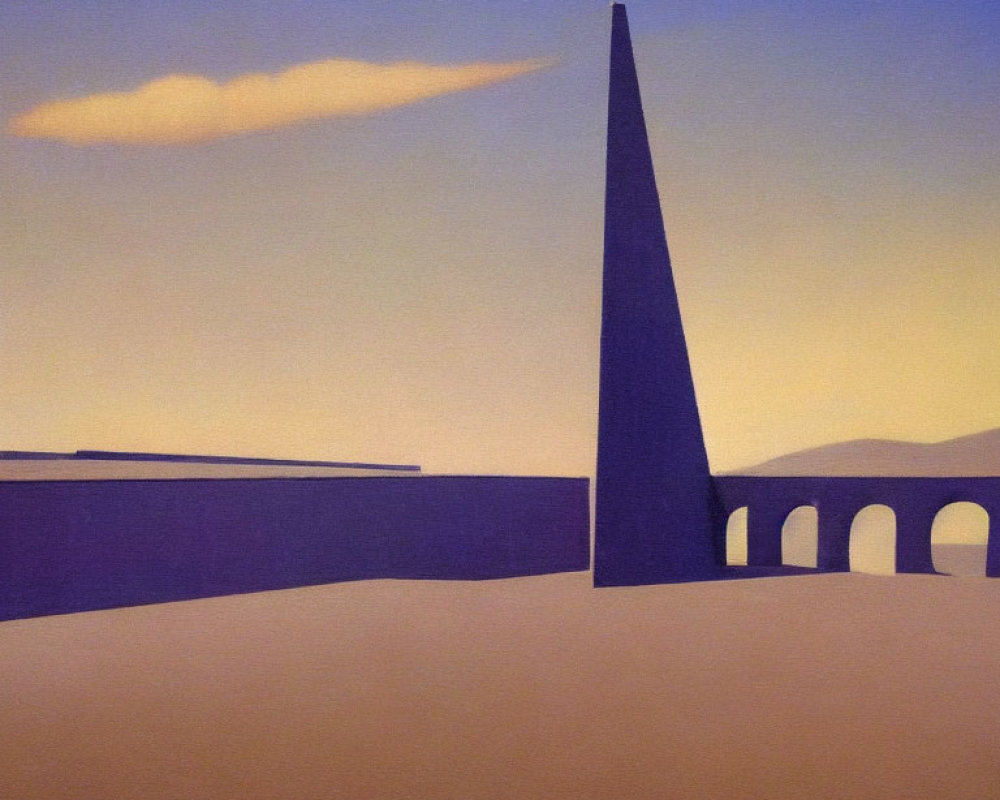 Minimalist landscape painting with triangular structure, arched bridge, and elongated cloud.