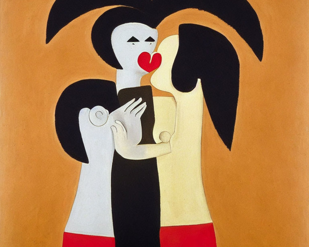 Abstract painting featuring two stylized figures with heart-shaped heads embracing and sharing a red heart on beige background