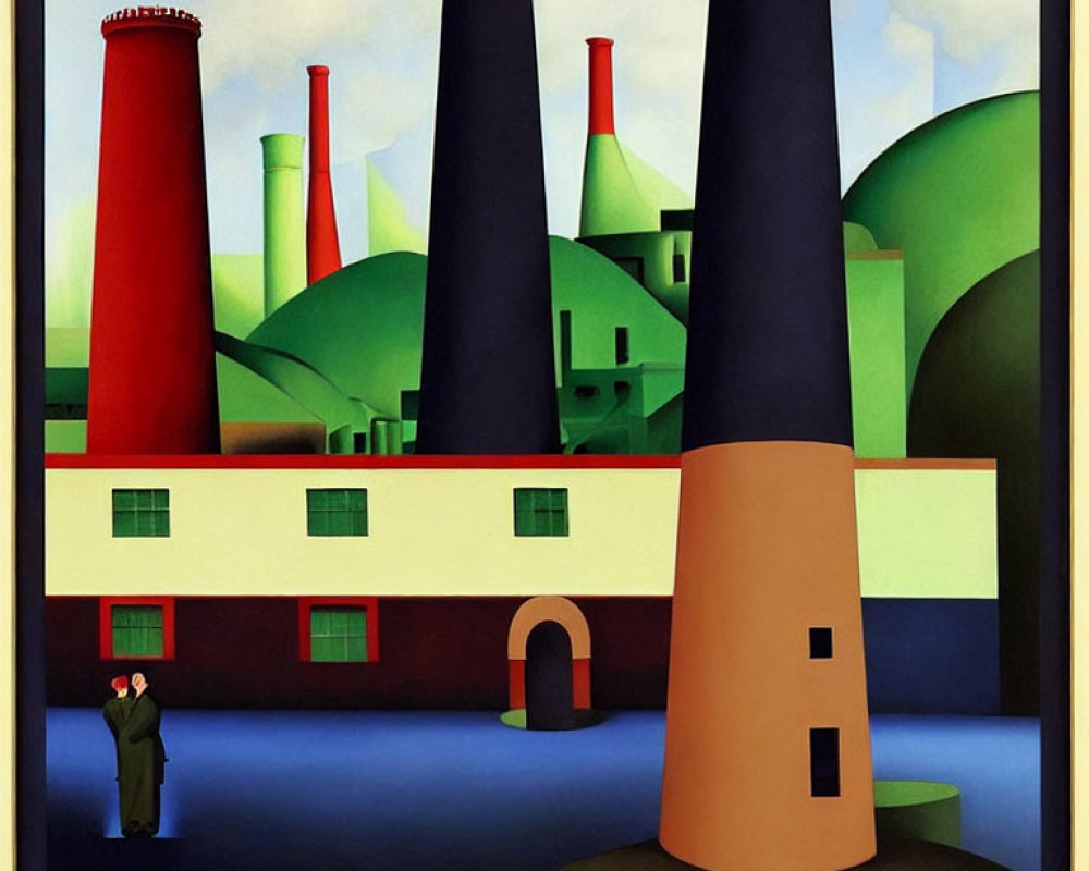 Colorful painting of industrial scene with figure and buildings