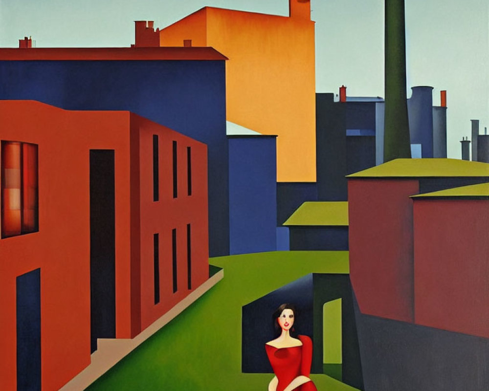 Vibrant painting of woman in red dress with geometric buildings and industrial chimneys