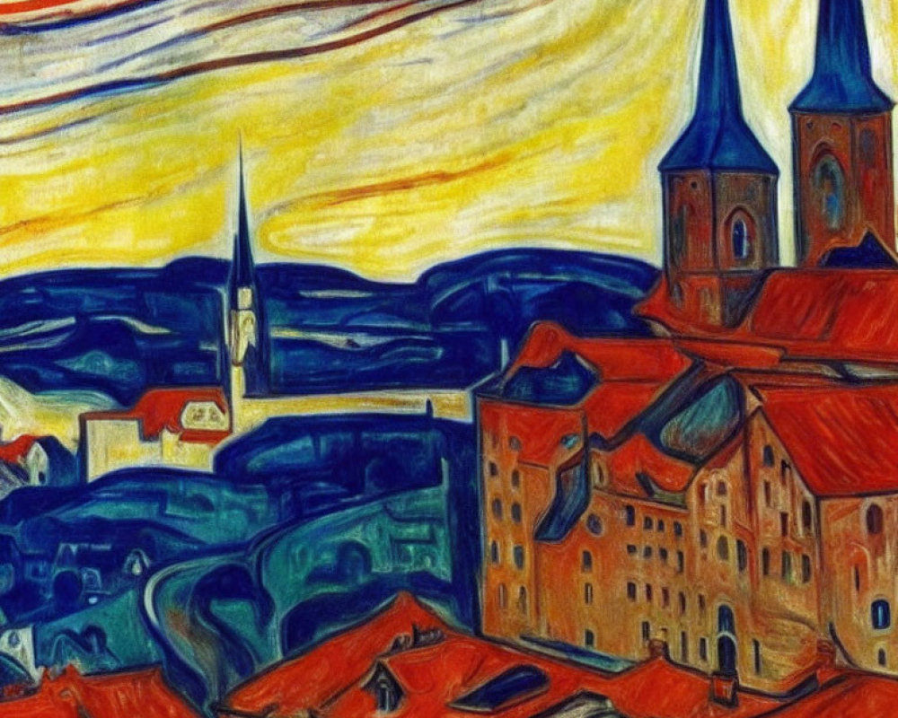 Colorful expressionist painting of swirling sky and distorted town view