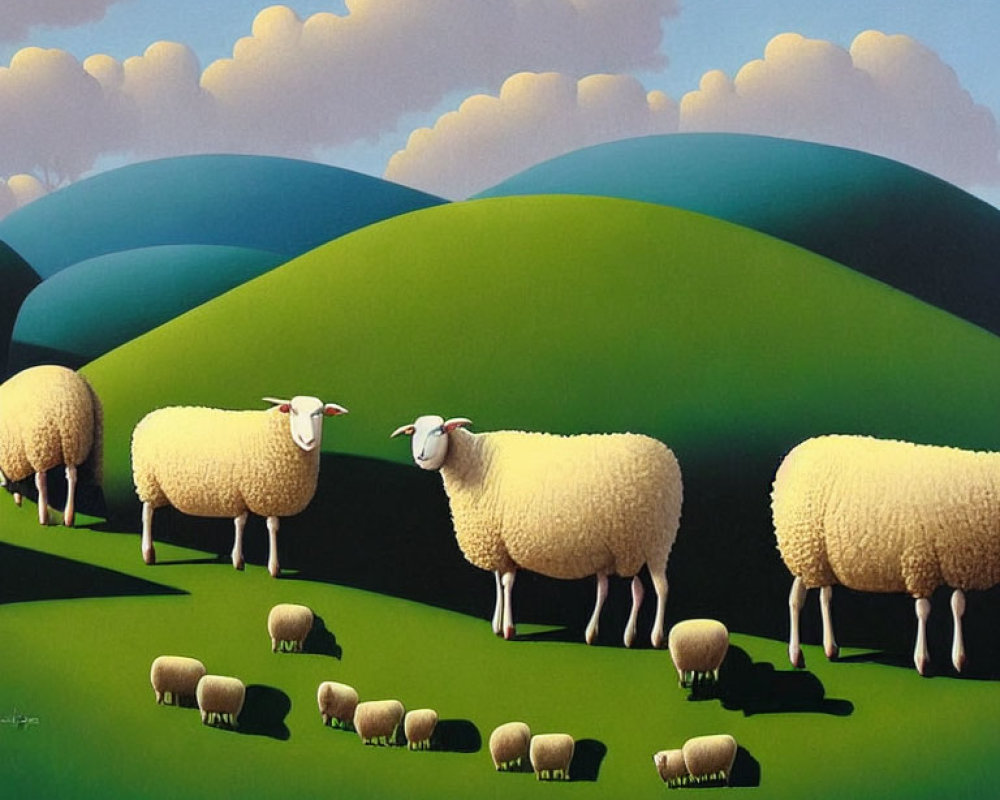 Fluffy sheep on vibrant green hills under puffy clouds