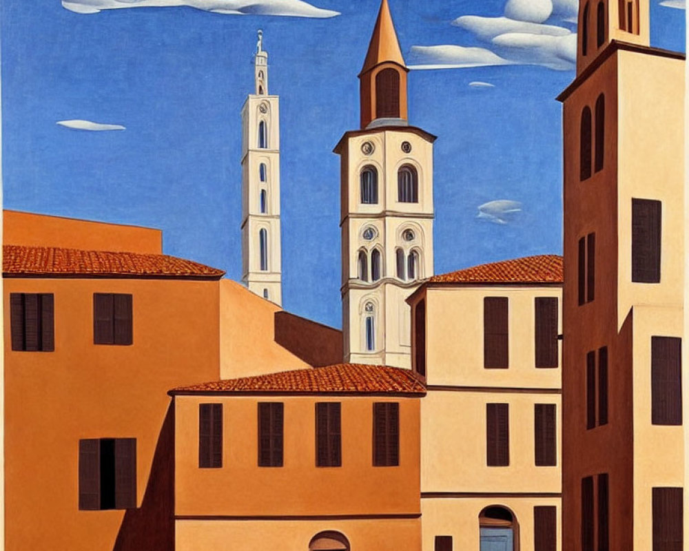 Stylized Mediterranean town painting with church towers and terracotta-roofed buildings