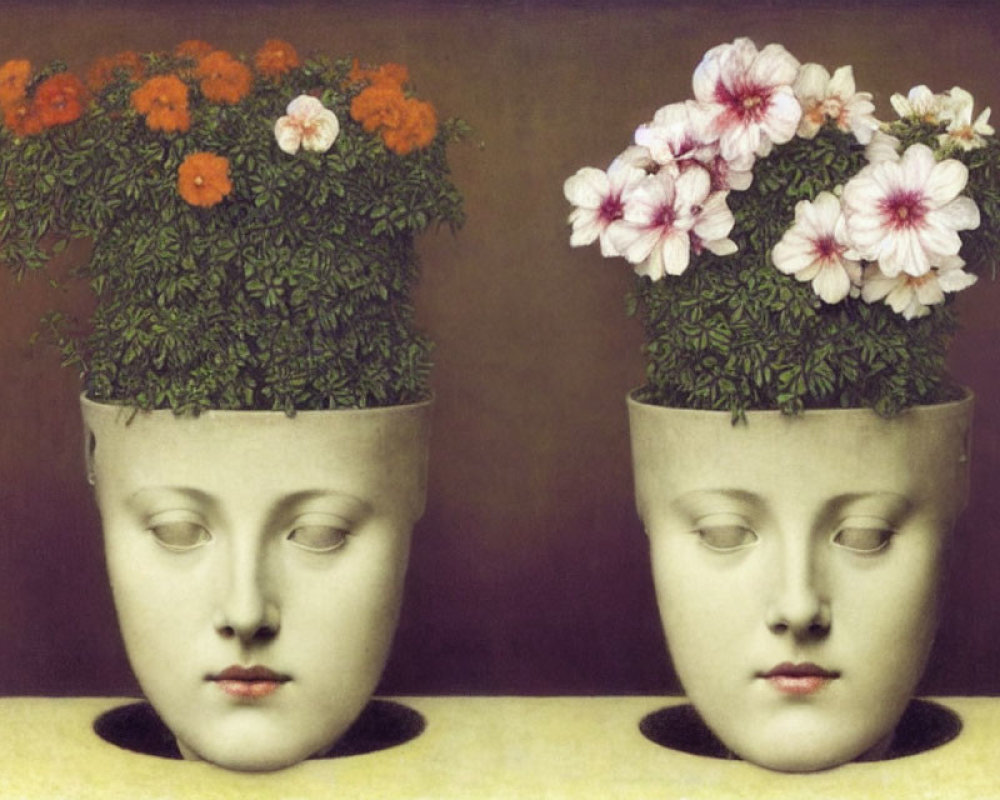 Two female face-like painted heads with flower-filled plant pots on top, against a soft backdrop.