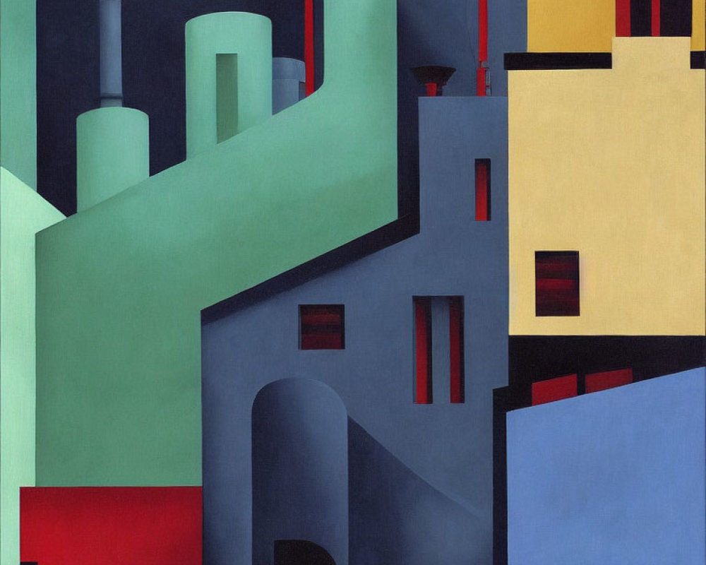 Colorful Abstract Geometric Painting of Overlapping Buildings