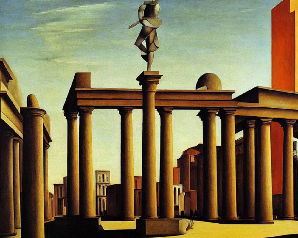 Surreal painting with classical columns, humanoid statue, geometric buildings, and long shadow under clear blue