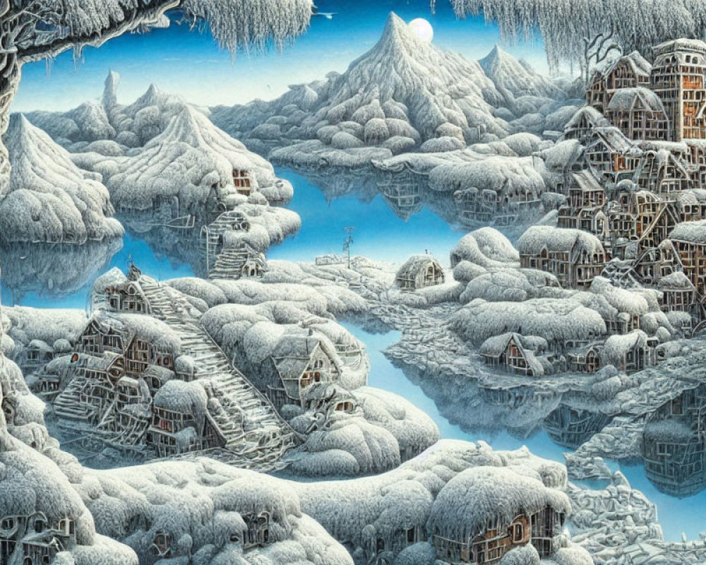 Snowy Landscape with Frost-Covered Trees, Traditional Houses, and Icy Mountains