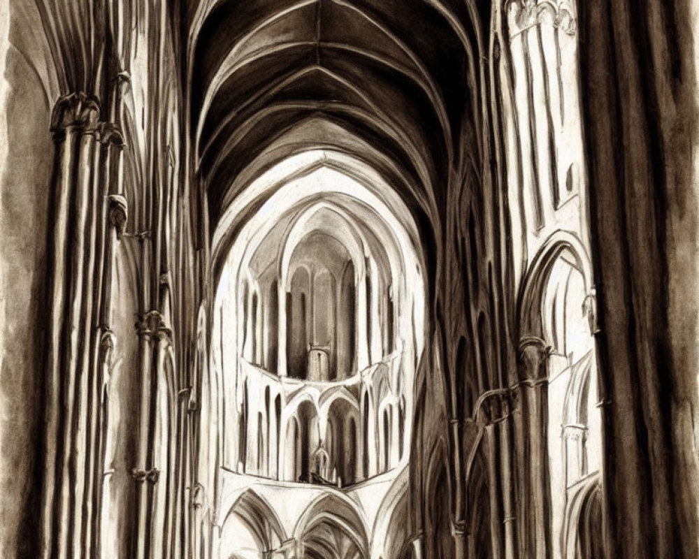 Monochromatic sketch of Gothic cathedral interior with arches, ceilings, & columns