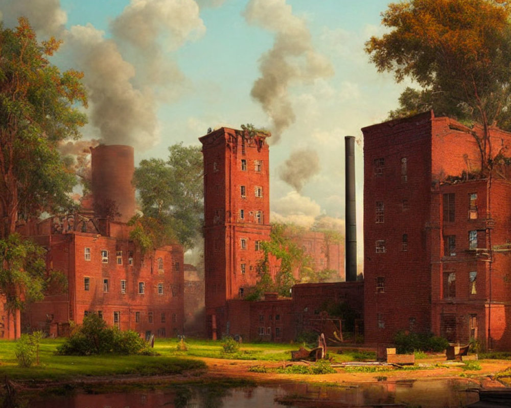 Industrial brick buildings with smokestacks and tranquil pond in pastoral scene