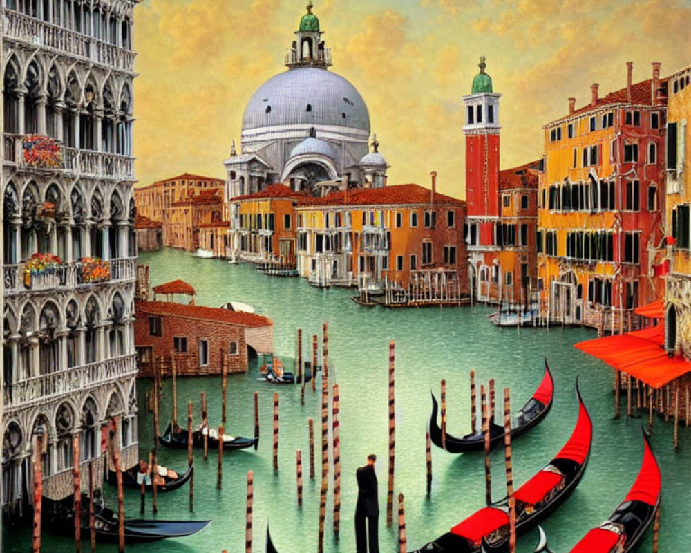 Illustration of Venice: Gondolas, Colorful Buildings, and Observer