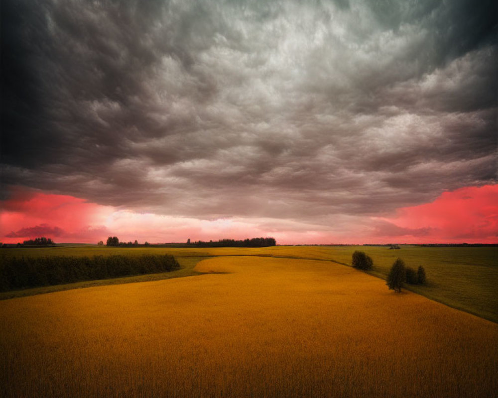 Golden Crop Field Under Dramatic Red and Stormy Sky