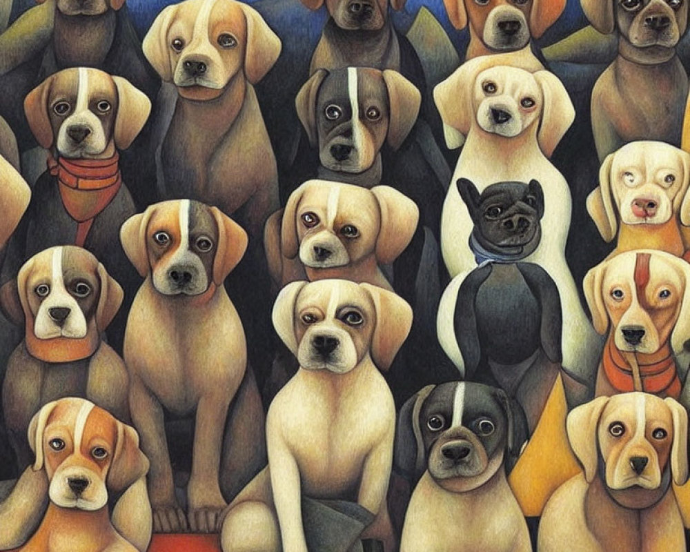 Illustration of diverse dogs with different expressions, featuring a hidden black cat.