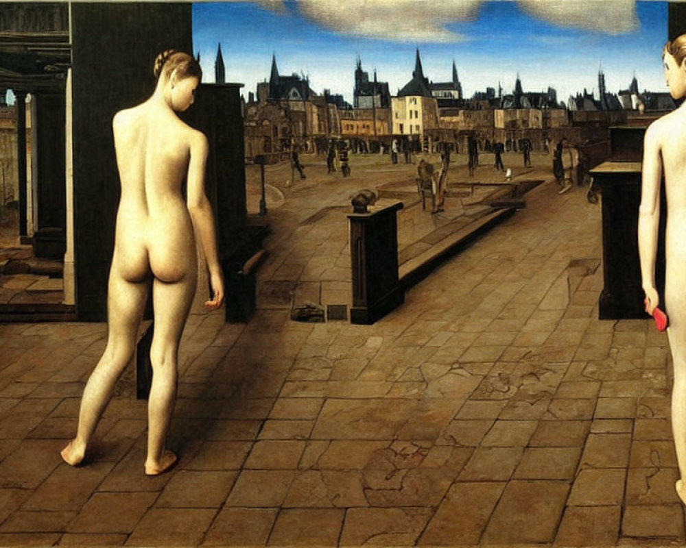 Nude figures on balcony with cityscape view