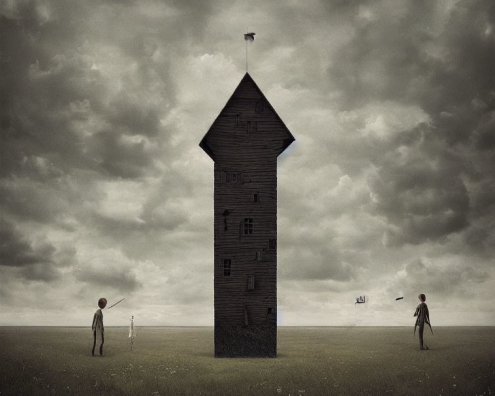 Surreal image of tall wooden house in field with figures and kite