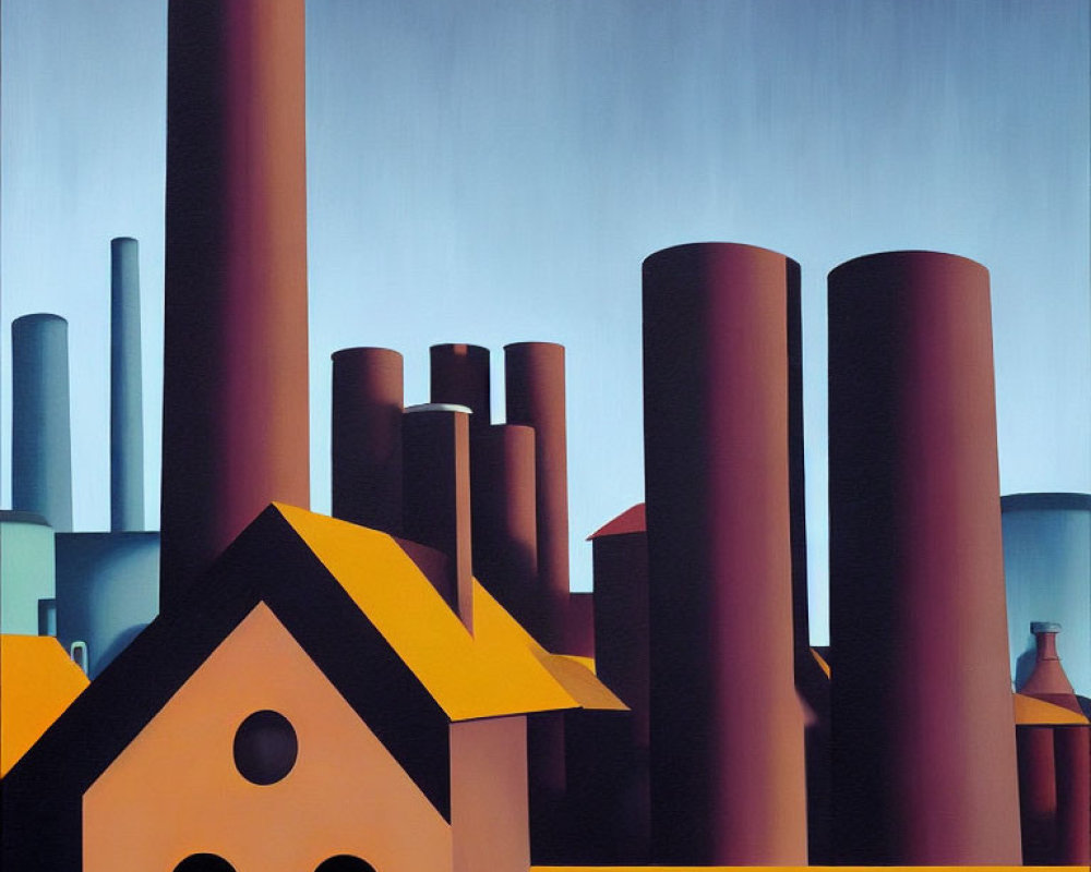 Industrial landscape with smokestacks, towers, and building under gradient sky