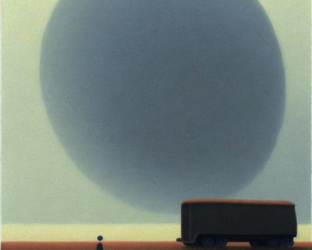 Person standing by shadowy sphere and truck in flat landscape