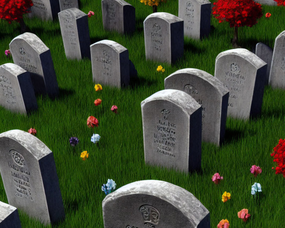 Tranquil cemetery scene with neat headstones, green grass, flowers, shrubbery