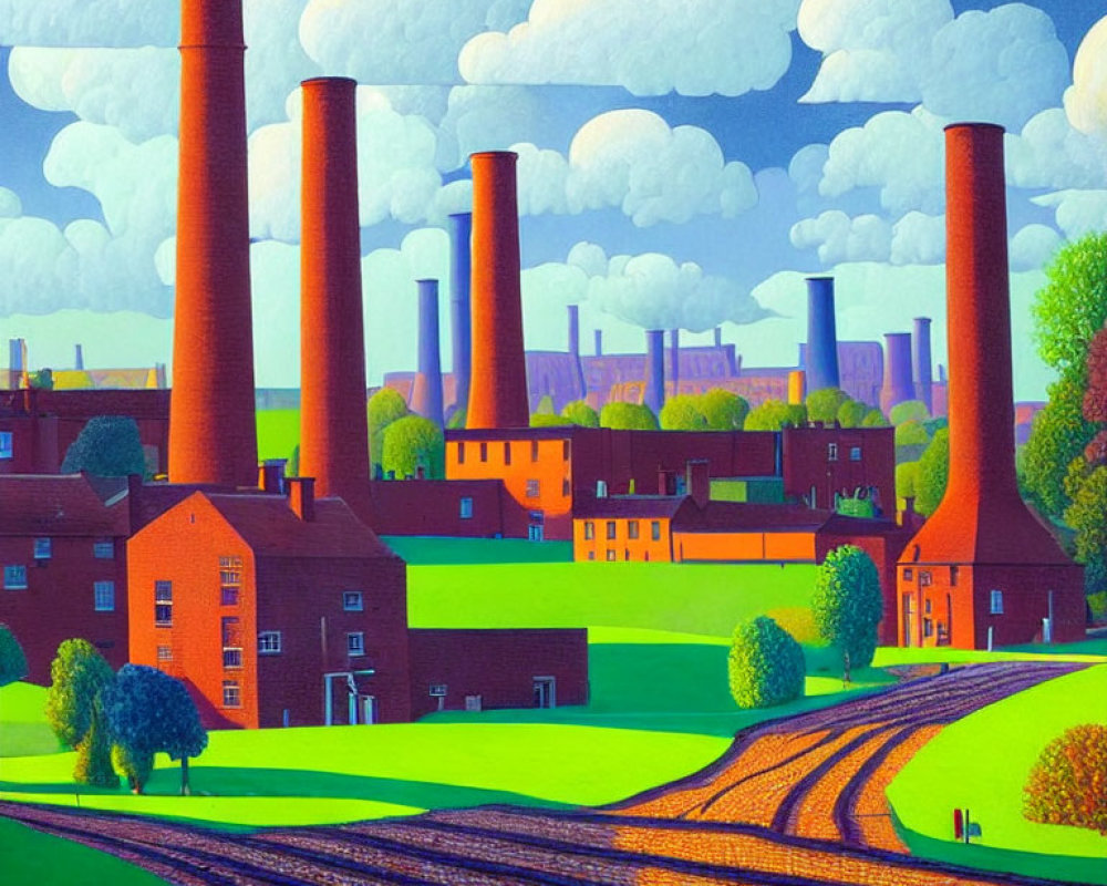 Illustration of industrial landscape with factories, smokestacks, and greenery under blue sky