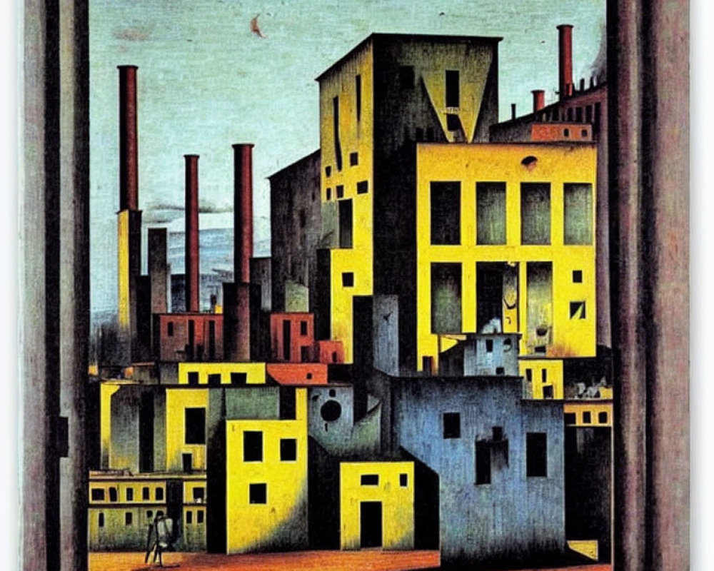 Industrial landscape painting with stylized buildings and figure.