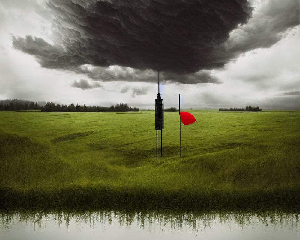 Surreal skyscraper and red flag in vibrant field scenery