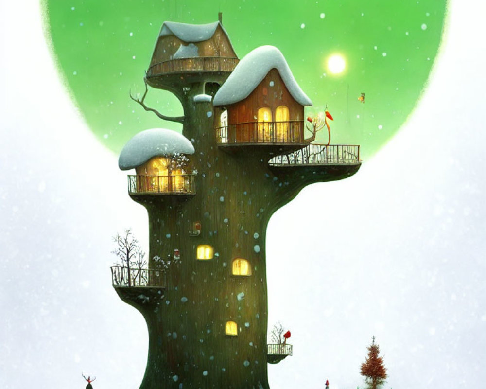 Illustration of cozy house in large tree amidst snowy landscape