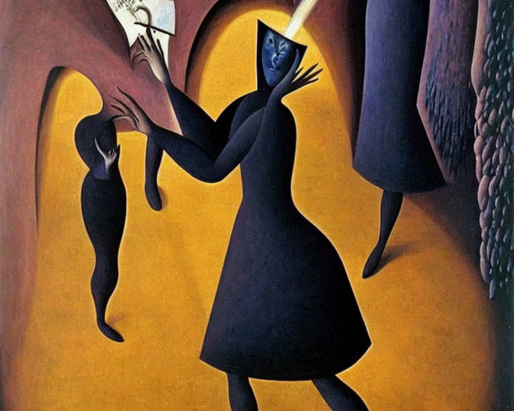 Surreal painting of elongated shadowy figures in abstract environment