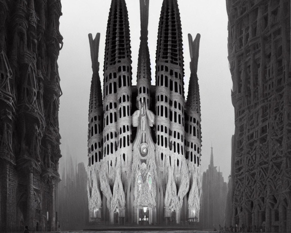 Monochrome image: Sagrada Família facade with reflection on water, Gothic and Art Nouveau