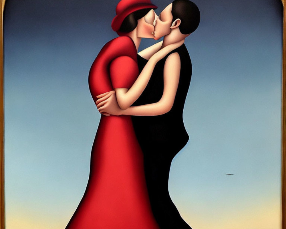 Stylized Couple Kissing in Red and Black with Seascape