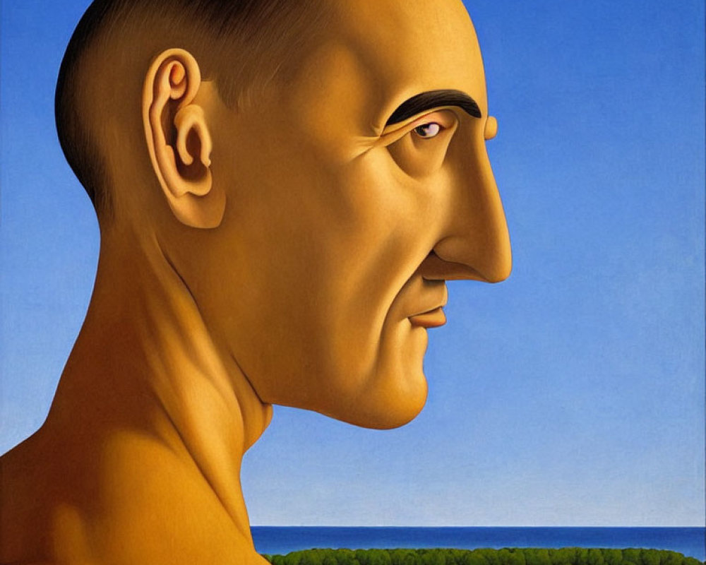 Surrealistic Profile View Painting with Large Head & Serene Landscape