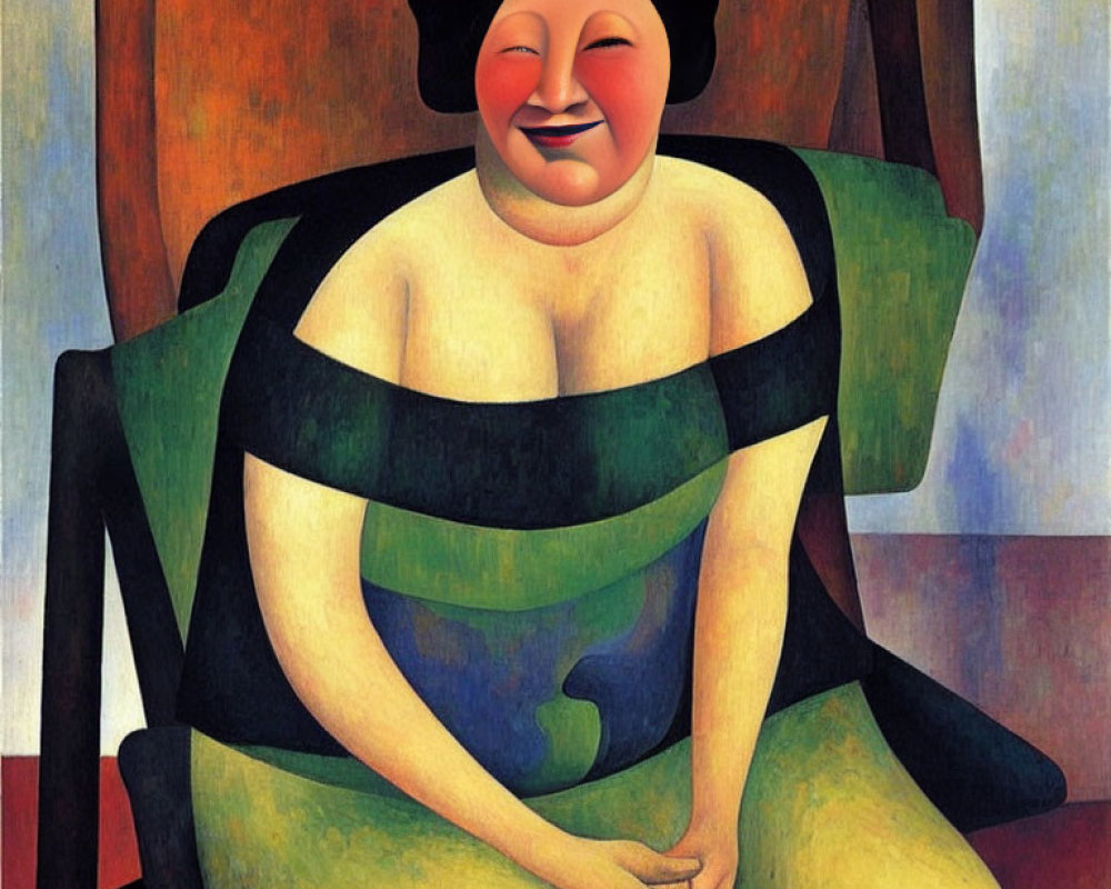 Seated woman with exaggerated features and clown filter in painting