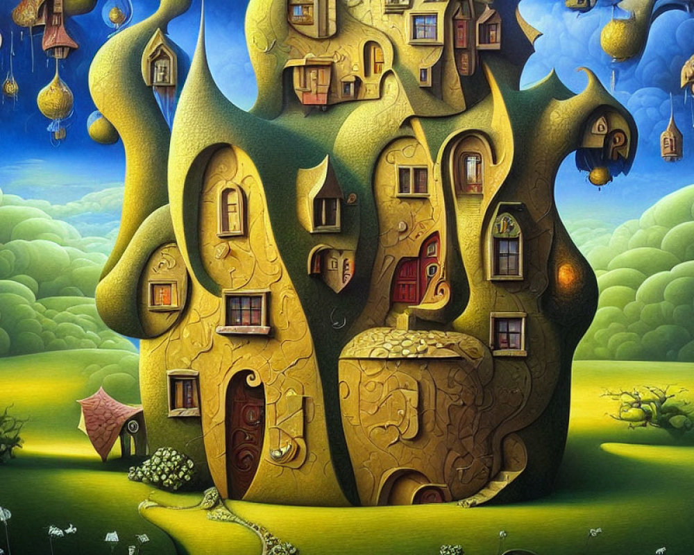 Whimsical painting of tree, houses, and lanterns in surreal setting