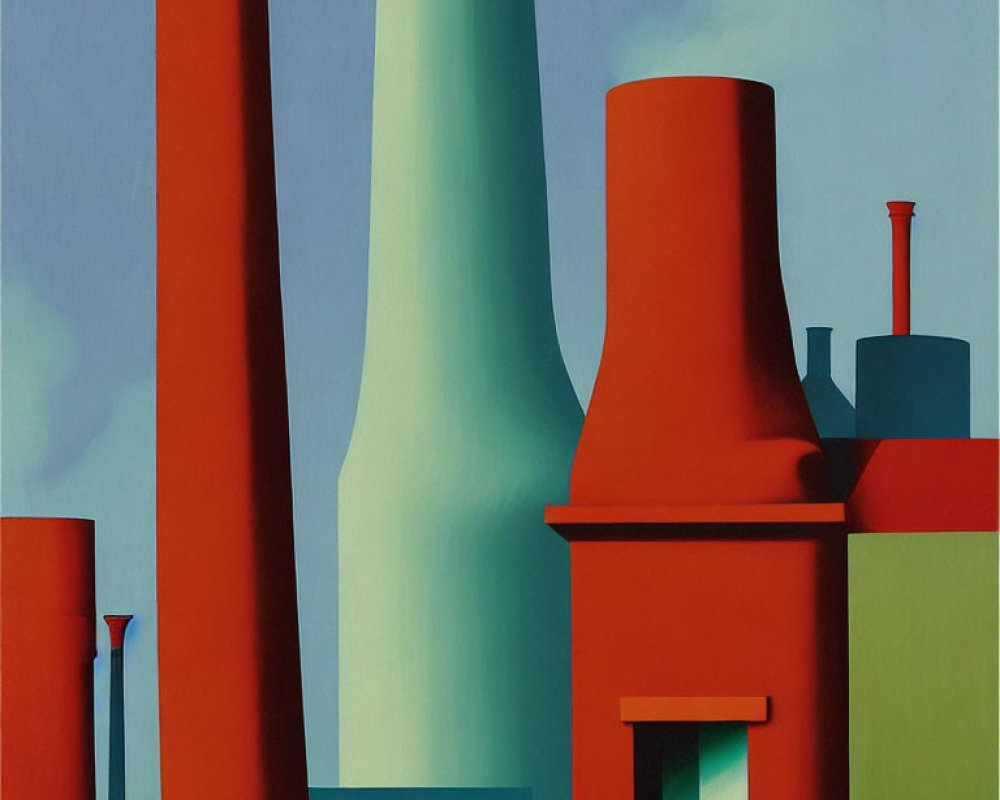 Abstract painting of colorful industrial buildings and smokestacks against a clear sky