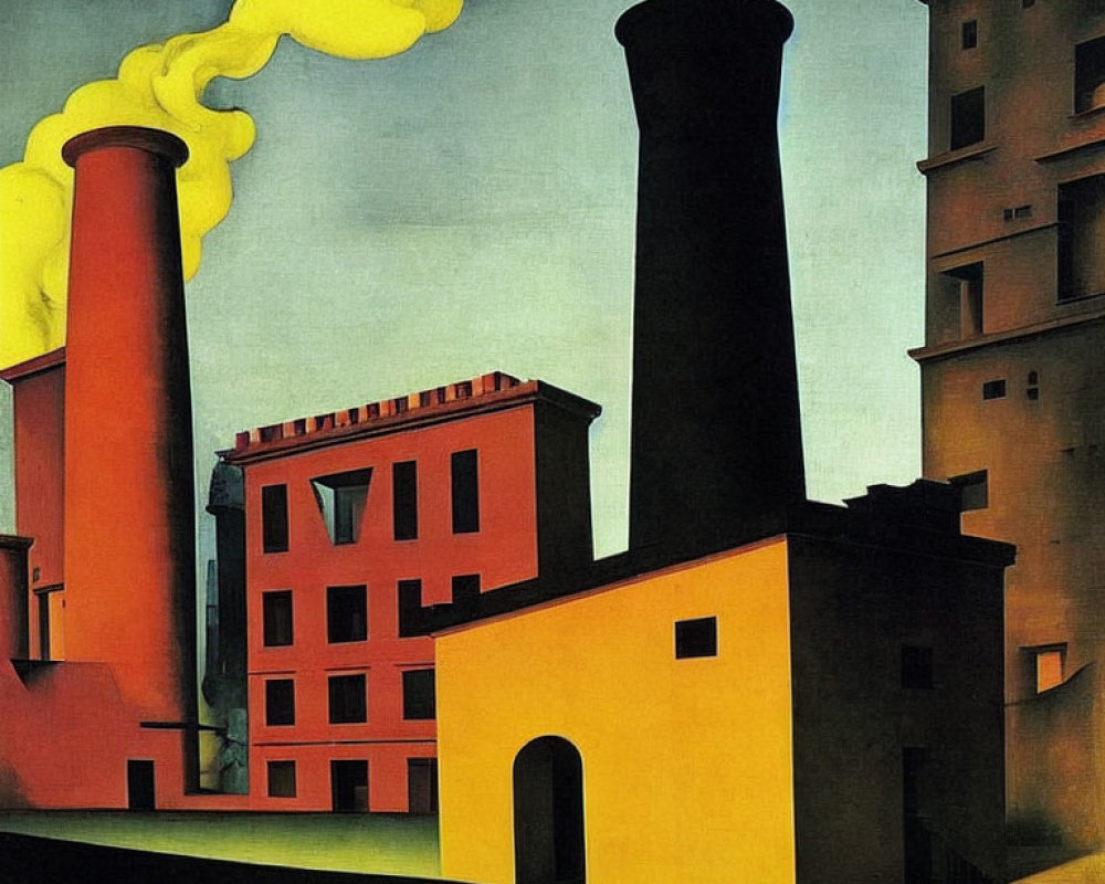 Surrealist painting of oversized industrial chimneys and geometric buildings