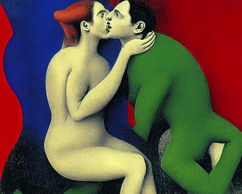 Stylized painting of naked woman and man kissing in red and blue setting