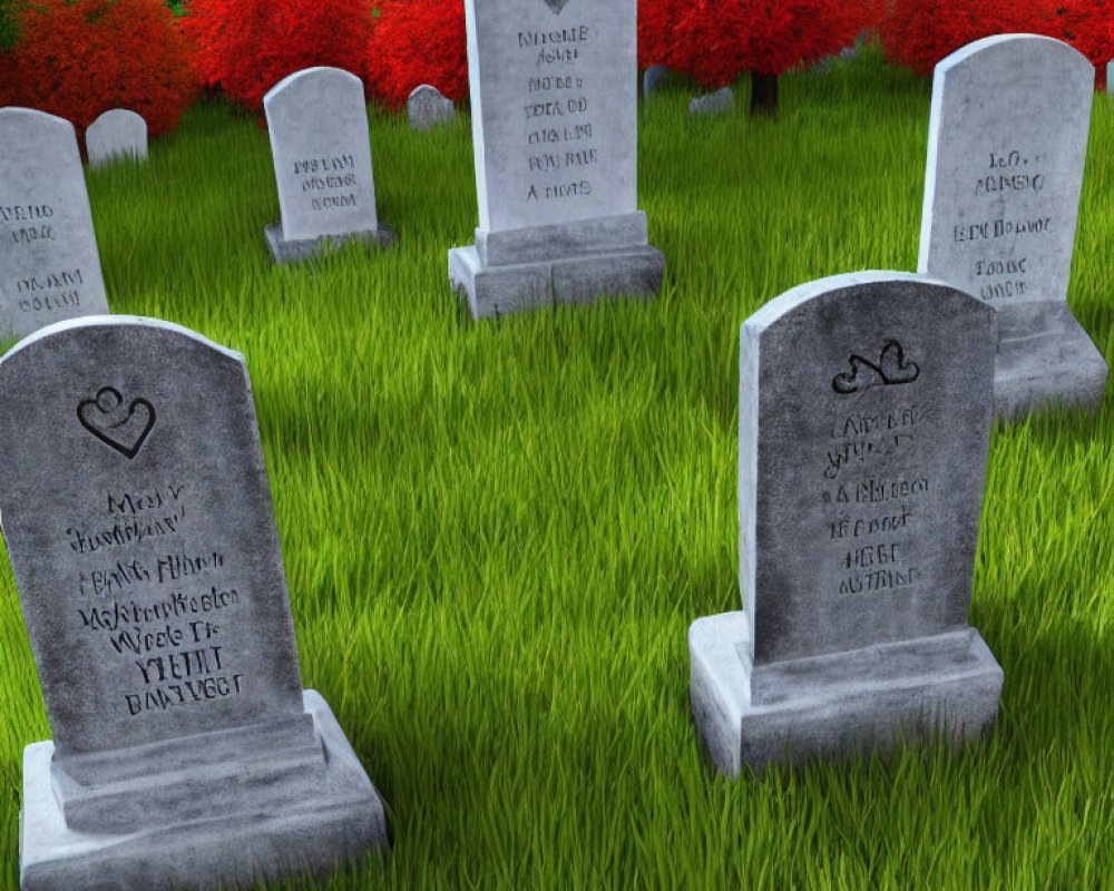 Vivid graveyard scene with tombstones and heart symbols