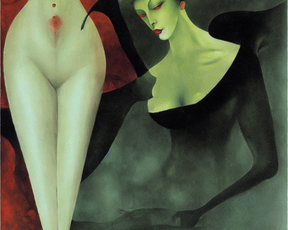 Surrealist painting of female figure with pale skin and green facial features