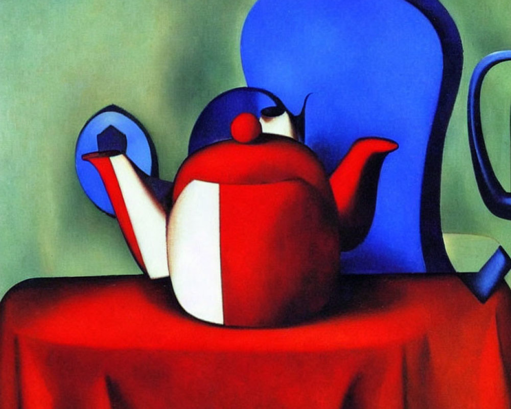 Vibrant abstract painting of red teapot, blue jug, and draped table on green background