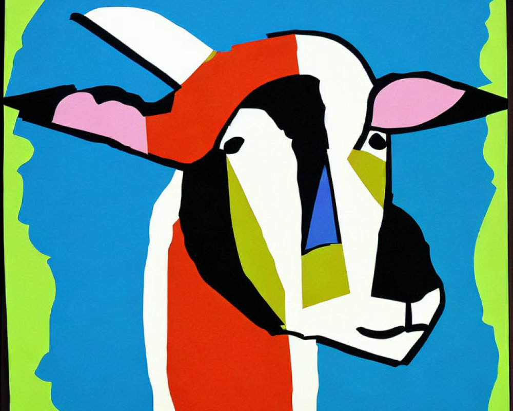 Vibrant abstract goat face with geometric shapes on blue background