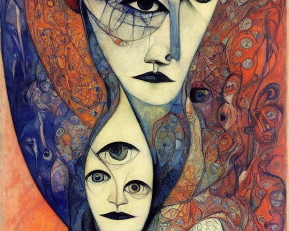 Vibrant abstract painting of stylized woman's face with multiple eyes and intricate patterns