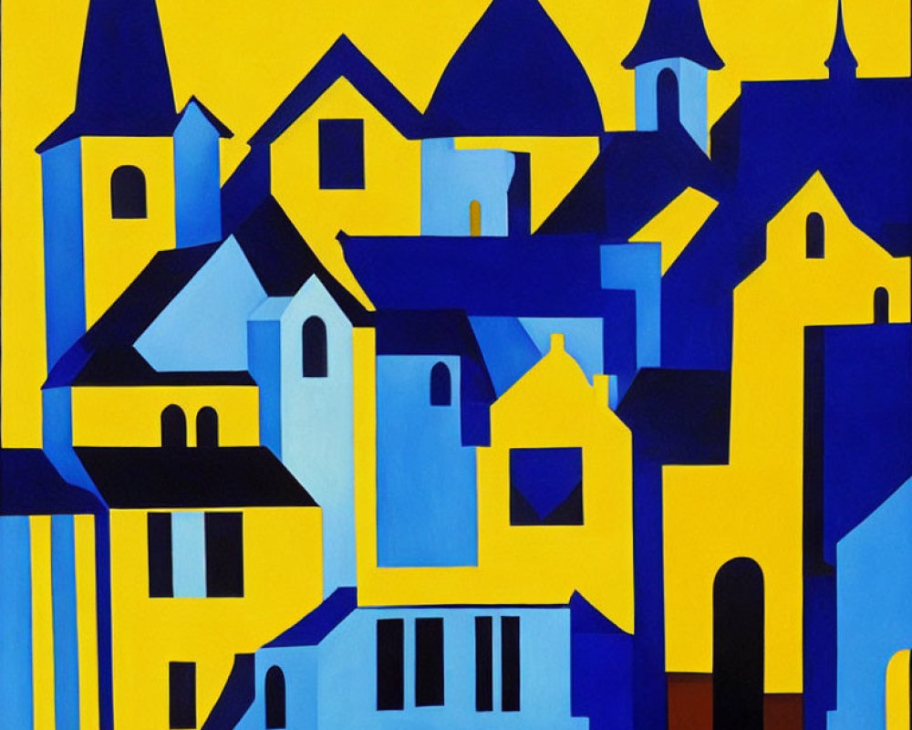 Abstract Blue and Yellow Cityscape Painting with Architectural Forms