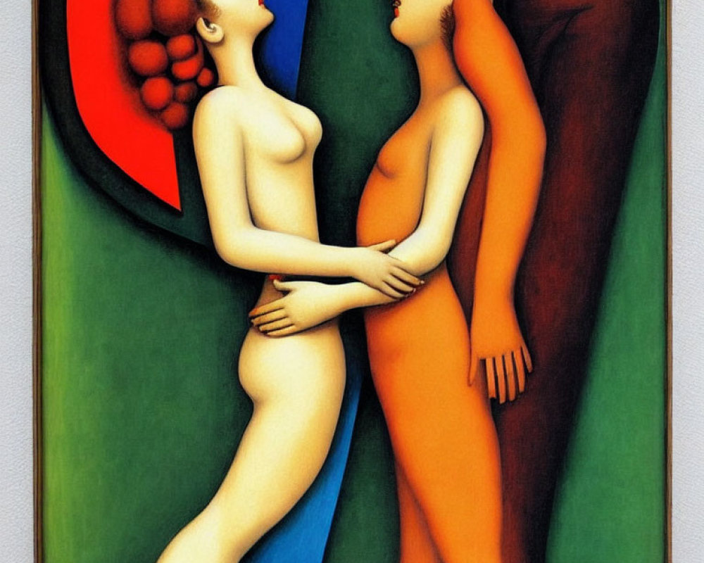 Modernist Stylized Nude Figures Embracing in Vibrant Colors